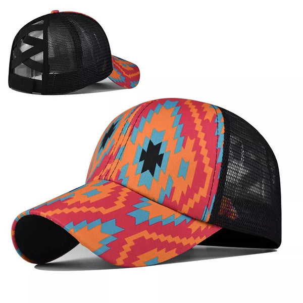 Aztec Print Criss Cross Ponytail Hat - Bar L Boutique