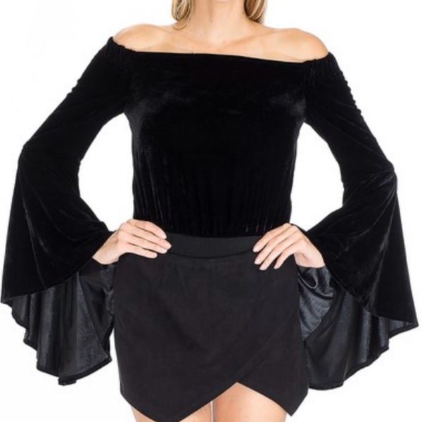 Off Shoulder Bell Sleeve Bodysuit | Black - Bar L Boutique