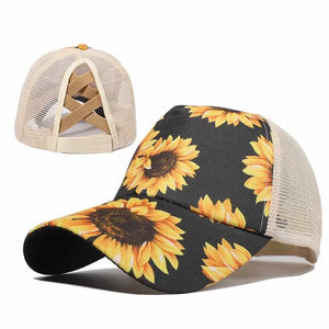 Sunflower Criss Cross Ponytail Hat - Bar L Boutique