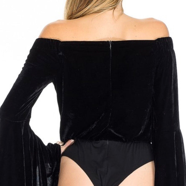 Off Shoulder Bell Sleeve Bodysuit | Black - Bar L Boutique